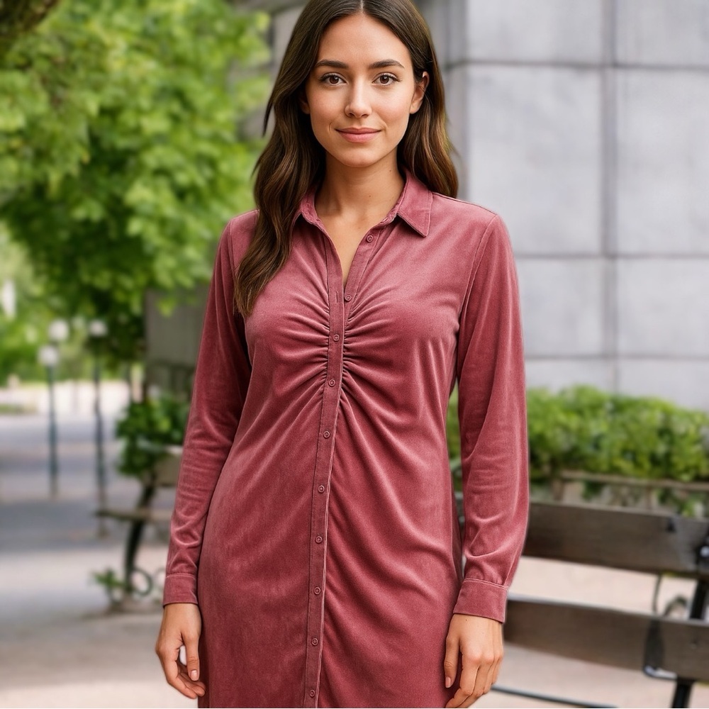Madison & Hudson Pink Velour Ruched Long Sleeve Shirt Dress Size Medium New